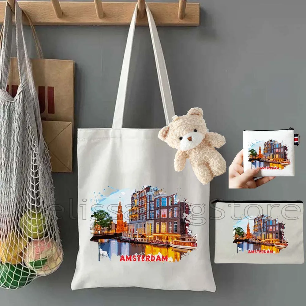 4PCS Gift Set Amsterdam Netherlands White Canvas Tote Bag Handbag with Doll Key Coin Purse Cosmetic Makeup Toilet Bag Case Pouch