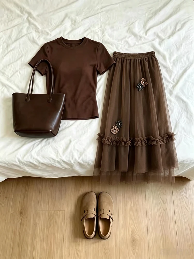 

Summer Outfit Women's Vintage Lazy Style Short Sleeve Top Slimming Midi Mesh Cake Skirt Two-Piece Set High Waist Floral Print
