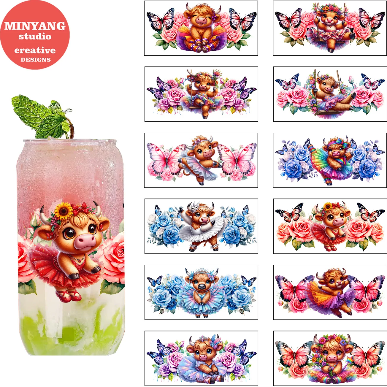 

Cartoon cow peel waterproof DIY Decals 3D transfers uvdtf crystal stickers 16oz uv dtf cup wraps for Libbey Glasses
