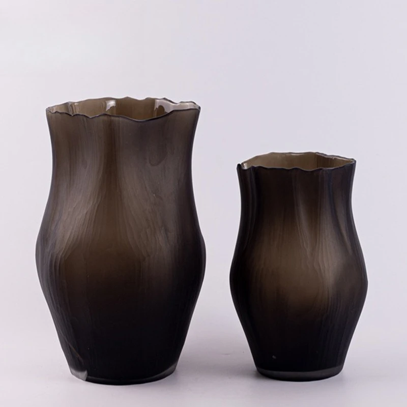 Creative retro storm Langkou glass vase soft home crafts dark brown pleated glass flower ornament