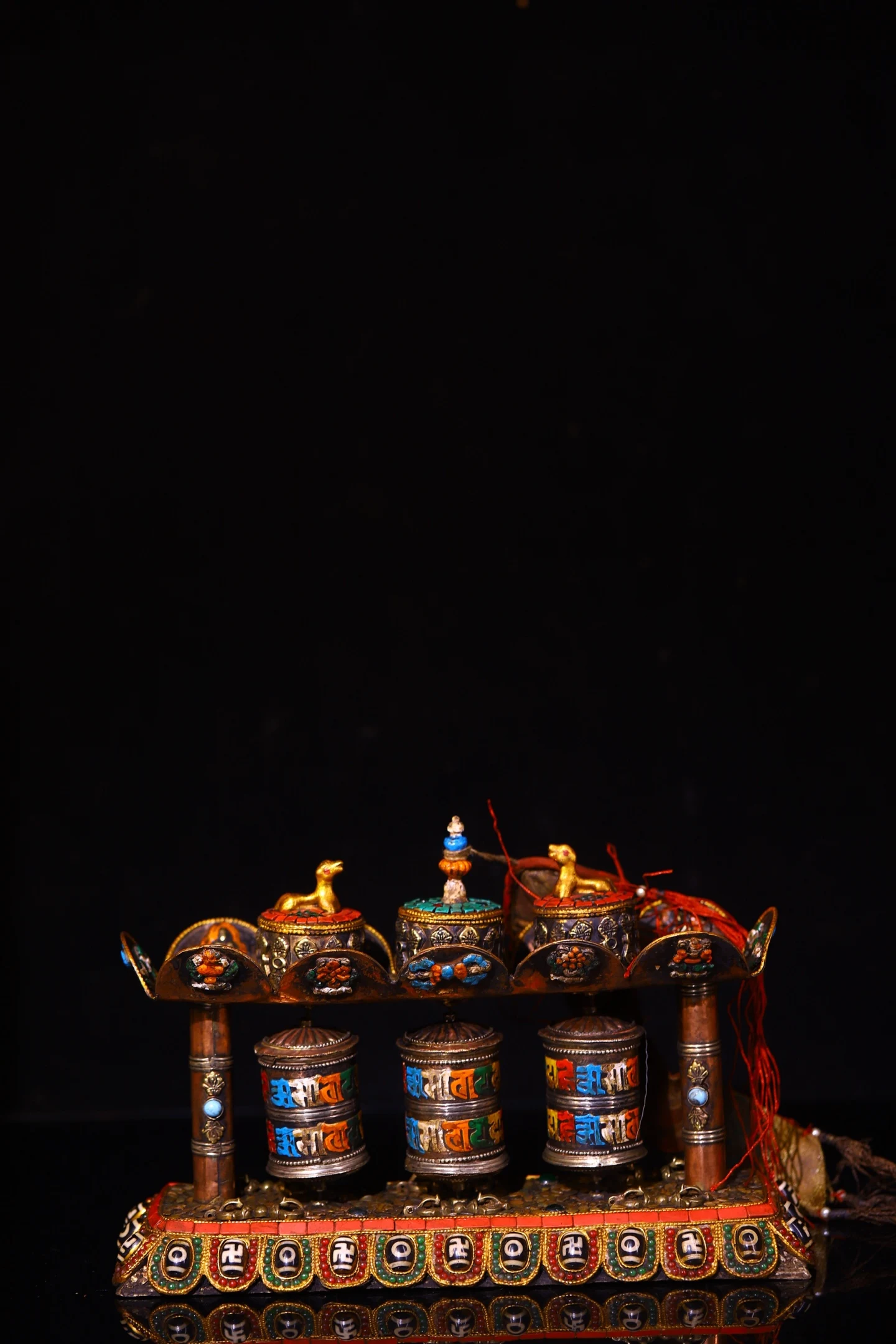 Old Purple Bronze Painted Mosaic Gem gZi Beads Turquoise Three cylinders Turning Wheel Old Scriptures Worship Hall