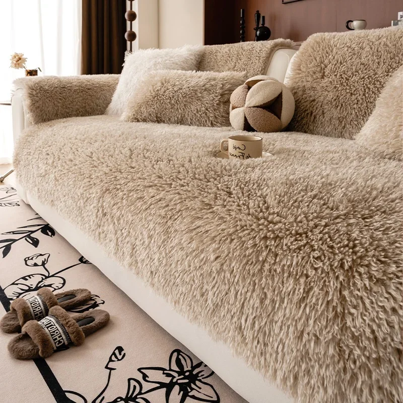 1PC Winter Plush Sofa Cover Luxury Lamb Wool Soft Sofa Cushion Mat Non-slip L Shaped Couch Protector Slipcover for Living Room