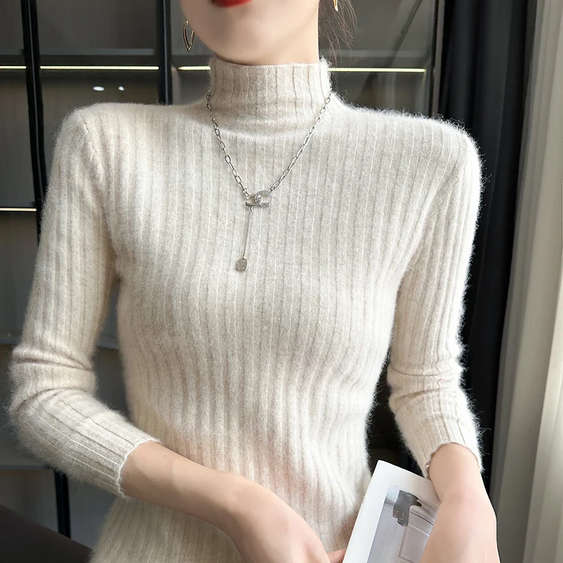 

Women's Sweater Autumn/Winter New 100% Cashmere Pullover Casual Solid Knitwear Half High Neck Blouse Slim Fit Foundation Tops