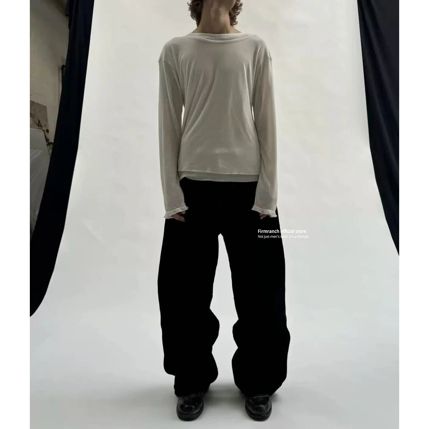 Firmranch Spring Summer High Elastic Black And White Perspective Layering Fake Two Pieces Long Sleeve T-shirt For Men Women - view 3