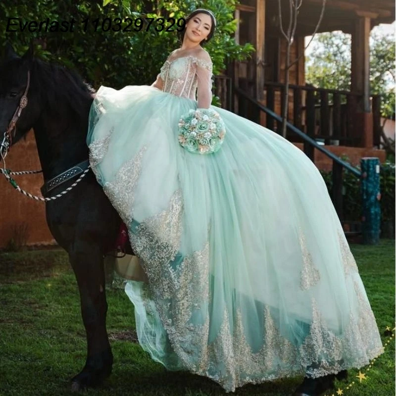 Evlast Glitter Mint Quinceanera Jurk Baljurk Gouden Kanten Applique Kralen Kristal Met Cape Sweet 16 Vestidos De 15 Anos Tqd741