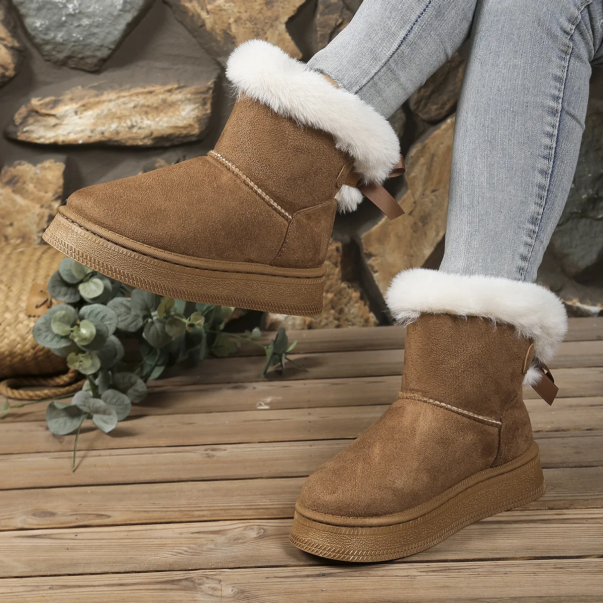 

Large Size Short Bow Decoration Women's Snow Boots Thick Soled Cotton Boots with Plush Thick Insulation Plush Height Ankle Boots