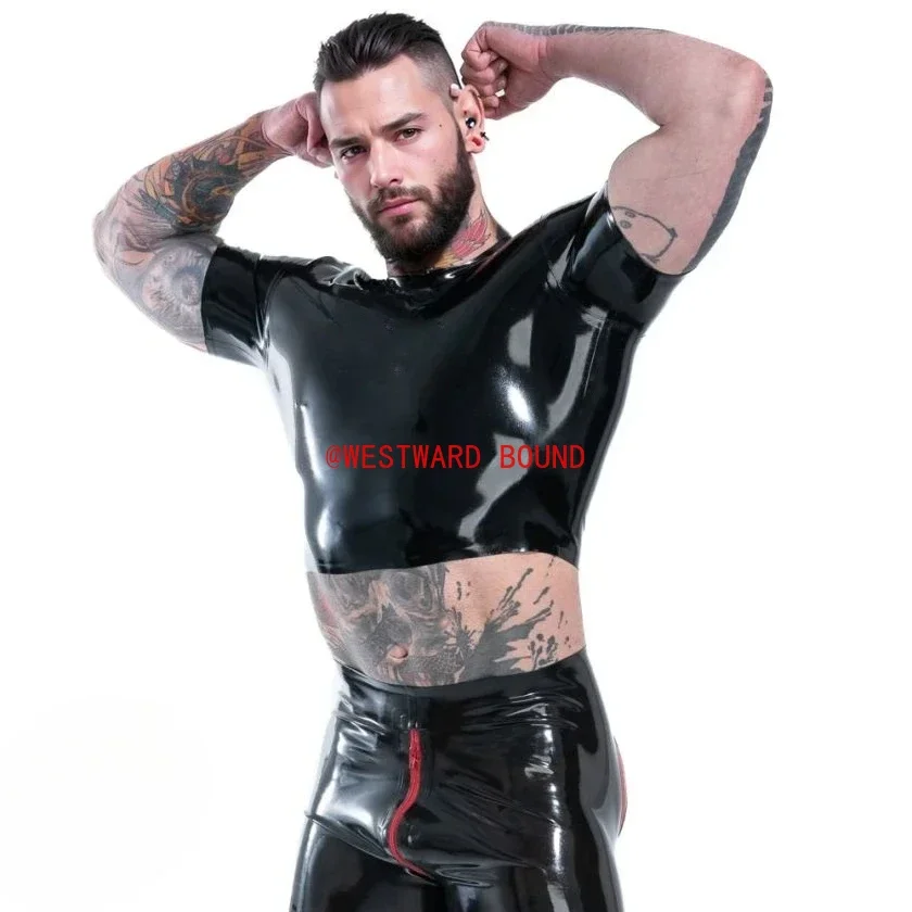 customized latex sexy T-shirt fashion men's black latex crop top rubber material short-sleeved rubber costume clubwear