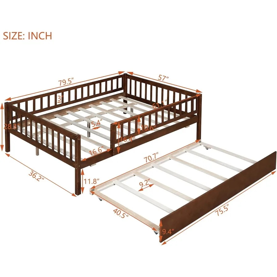 Full Size Daybed with Trundle Wood Full Platform Bed Frame with Rails No Box Spring Needed Easy Assembly for Bedroom or Guest R