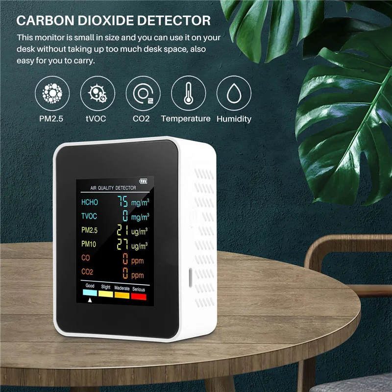 HFES 6 في 1 PM2.5 PM10 HCHO TVOC CO CO2 كاشف جودة الهواء CO CO2 الفورمالديهايد مراقب المنزل مكتب جهاز اختبار جودة الهواء
