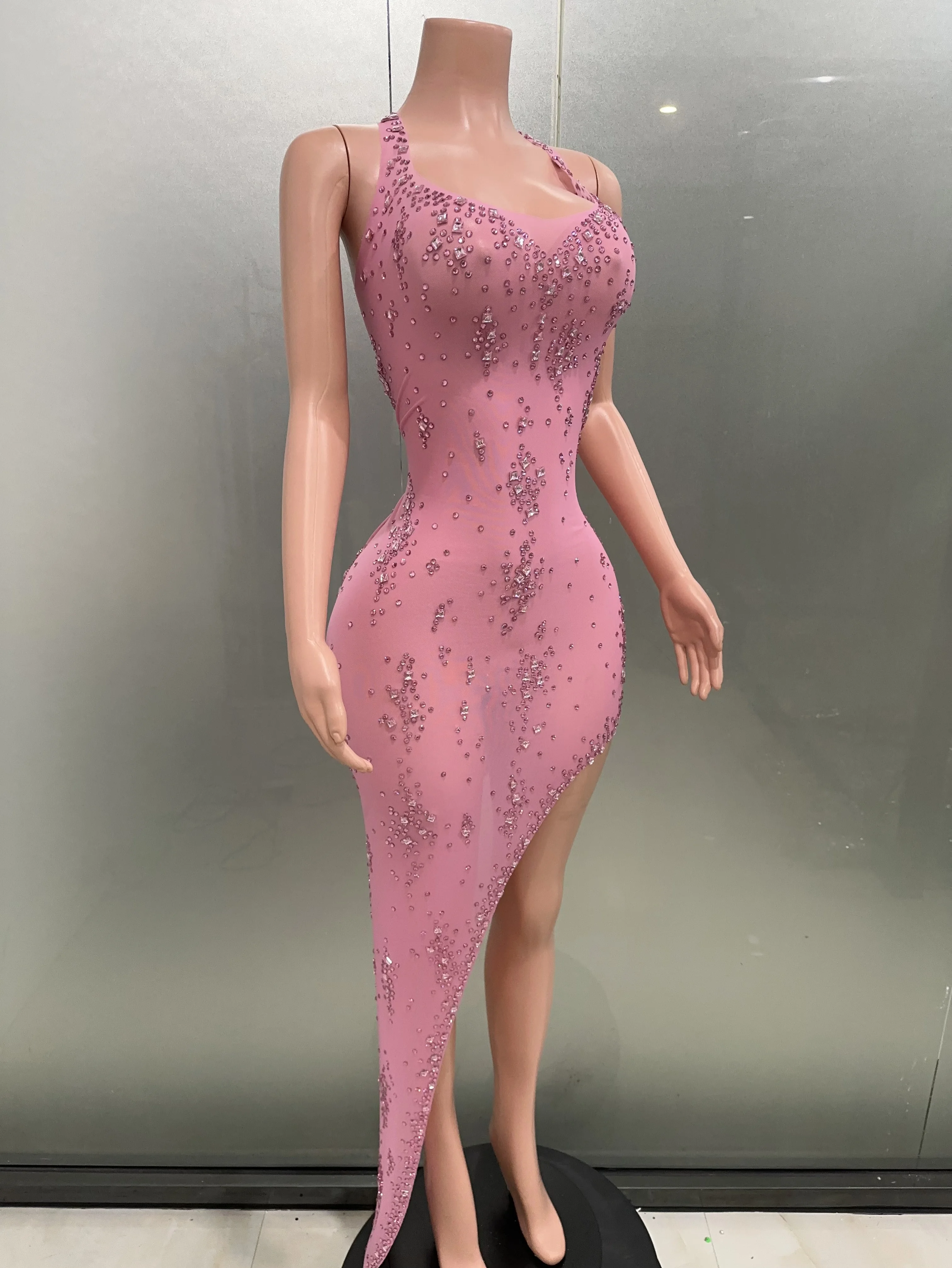 Sparkly Diamonds Pink Sexy See-Through Sheath Mini Dress Nightclub Performance Custome Stage Wear Birthday Evening Party Dress