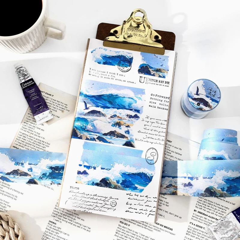 Mr. Paper,200cm/roll,Twilight Sunset Mountain Sea Shell Wave Theme Sticker Tape,Decorative Scrapbook Notebook Phone Case Sticker