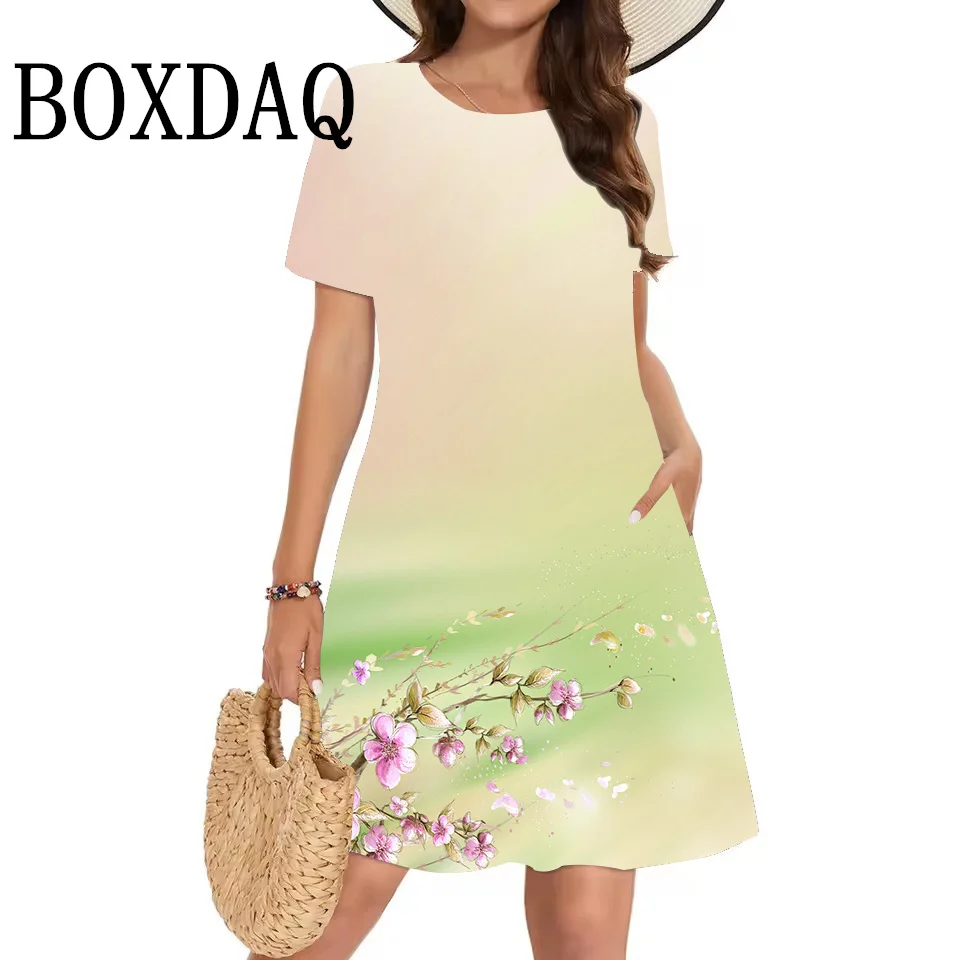 2025 Elegant Ladies Dresses Summer Fashion Short Sleeve A-Line Beach Party Dress Women Sweet Casual Floral Print Loose Clothes