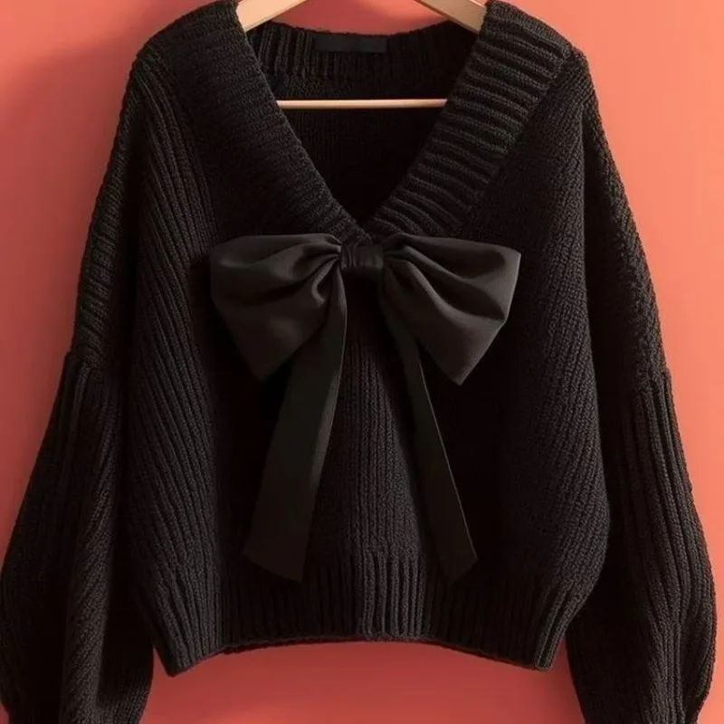 Jmprs Cute Bow Black Sweater Women Lazy Wind Vintage Knitted Pullovers Korean Loose Long Sleeve Female Preppy Style Sweet Tops