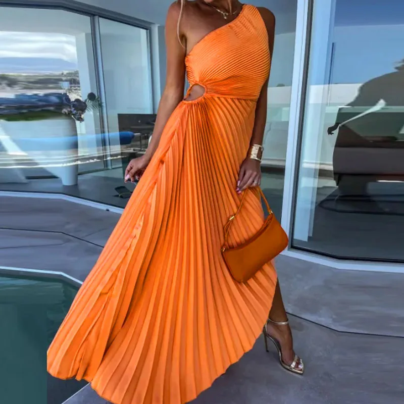 

Fashion Lady Hollow Out Sleeveless Slim Fit Evening Dress Summer Solid Irregular Dress Sexy Inclined shoulder Pleated Long Dress