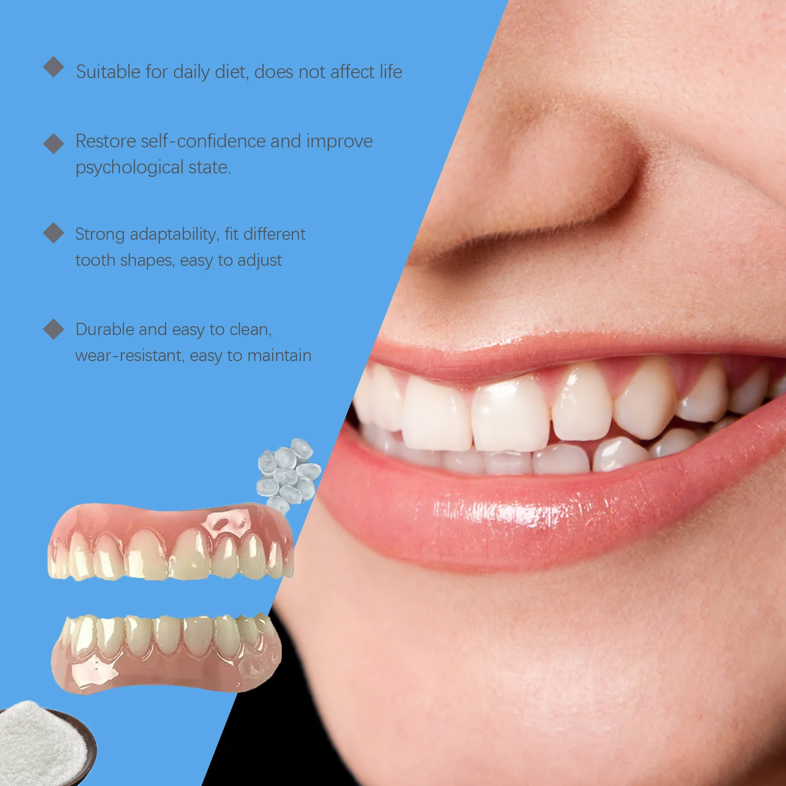

Dentures False Teeth Full Set Temporary Tooth Repair Improve Dental Loss Fitting Mouth Prevent Falling Out Soft Silicone Braces