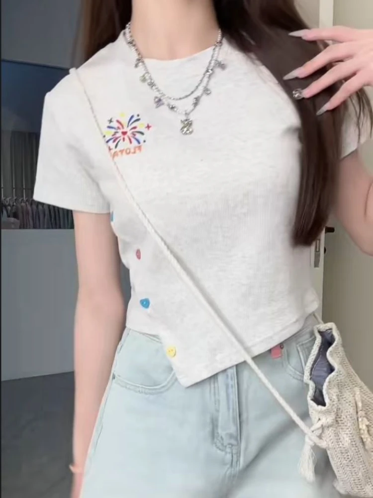 T-shirts Women Embroidery Colorful Button Irregular Hem Slim Korean Style Sweet Summer Chic Attractive Ulzzang Casual BF Stylish