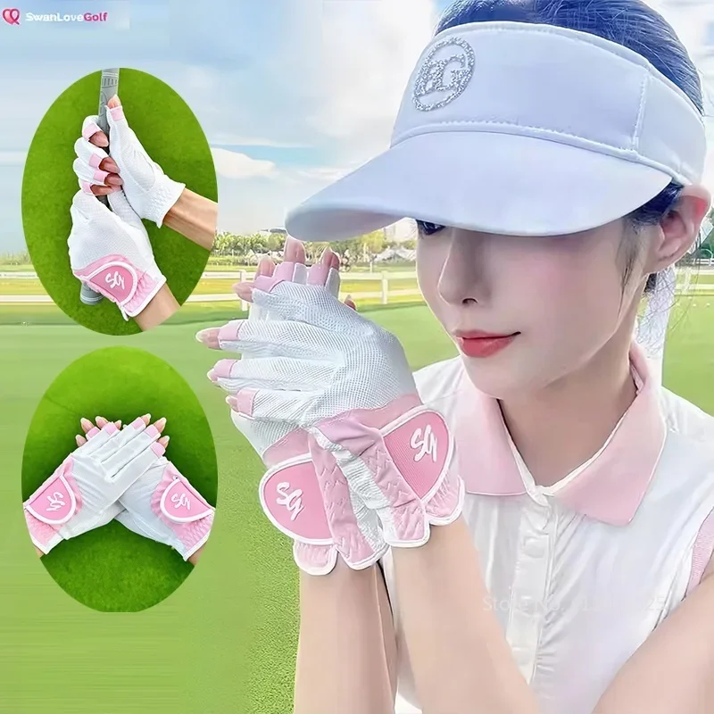 SG 1 Pair Golf Gloves Women Half 1/3 Finger PU Leather Mittens Open Finger Breathable Extra Grip Accessories Girl Golf Gloves