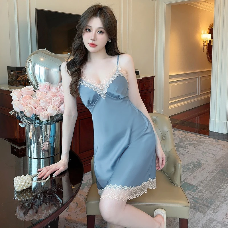 DAIMELU women's ice silk pajamas summer sexy suspender nightdress with chest pad lady nightgown simple sleepwear girl loungewear