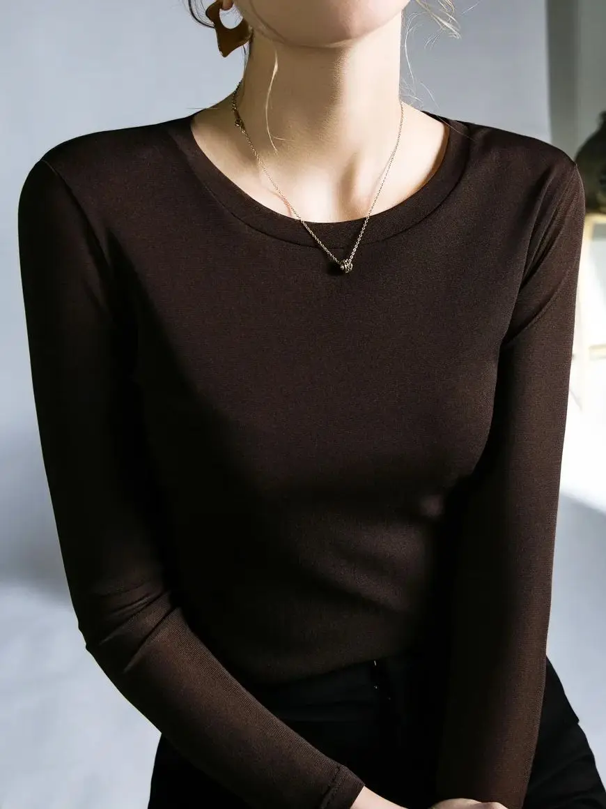 Spring Autumn High Strech Mesh T-Shirt Female Long Sleeve Round Collar Slim Tees Women Basic Simple T Shirts Tops