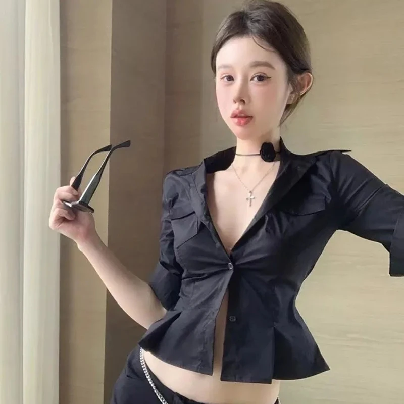 

Sexy Black Slim Cropp Blouse Women Turn Down Collar Chic Solid Commuter Shirt Three Quarter Sleeve Street Fashion Deep V Hot Top