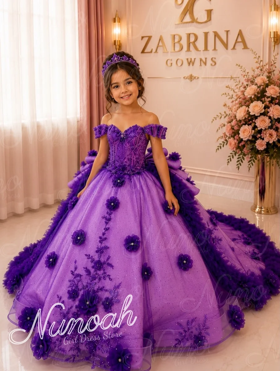 Purple Flower Girl Dresses for Wedding Lace Appliques with Trail Floral Floor Length Girl Birthday Party First Communion Gowns