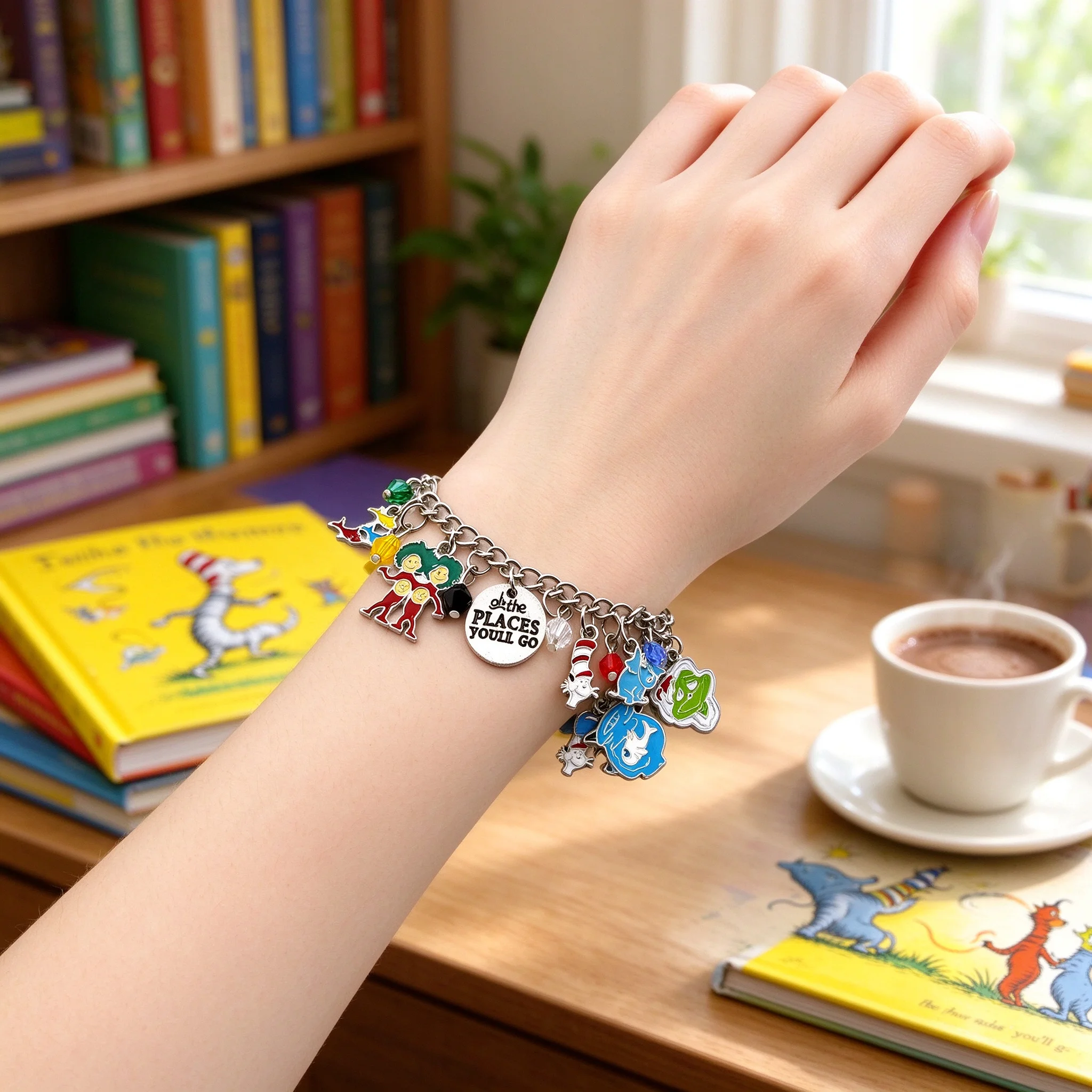 Dr Seuss Charm Bracelet Cat In The Hat Thing Metal Pendant Crystal Beads Adjustable Christmas Gift For Fans