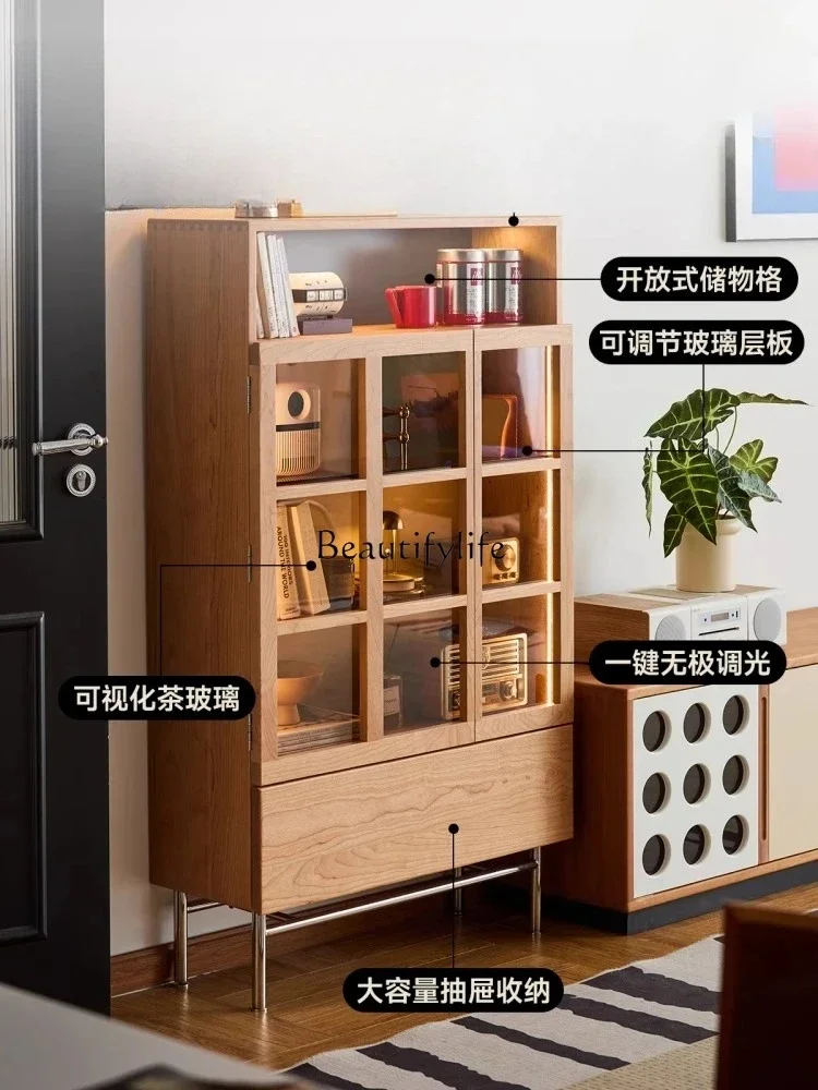 

ls 42Solid wood Japanese-style cherry wood display cabinet Living room simple glass door dust-proof bookshelf locker