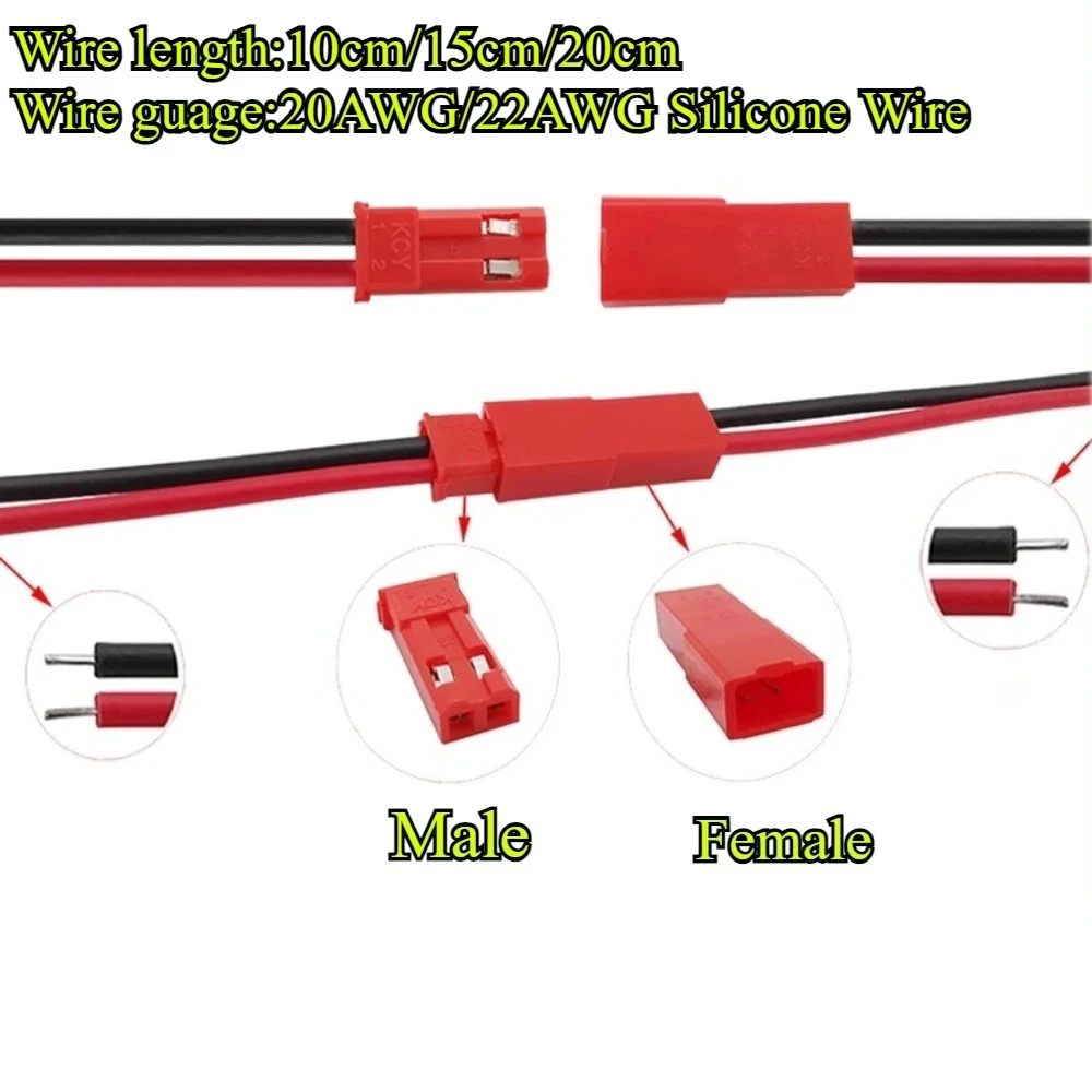 

JST 2 Pin Male Female Plug Connector Cable 10/15/20cm 20/22AWG Silicone Wire for LED Lamp Strip RC Toys Battery Adapter