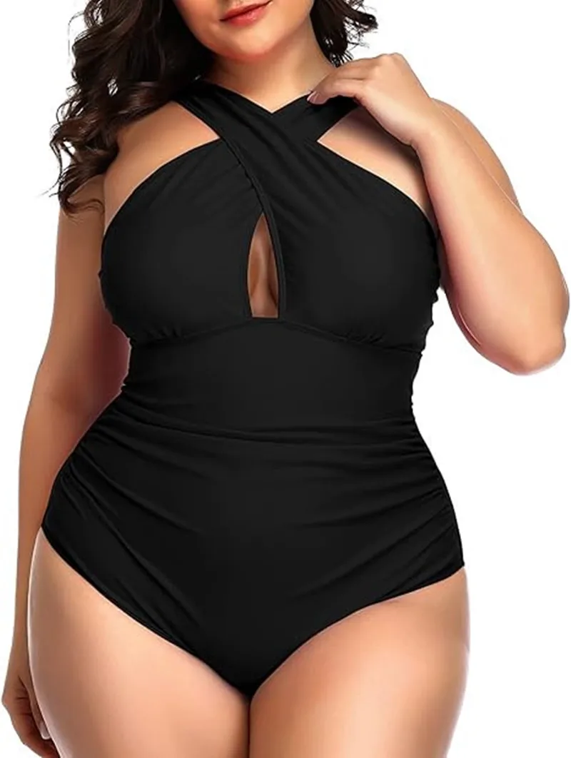 2024 Summer Women Plus Size One Piece Swimsuits Front Cross Tummy Control Black Sexy Swimwear Backless Bathing Suit