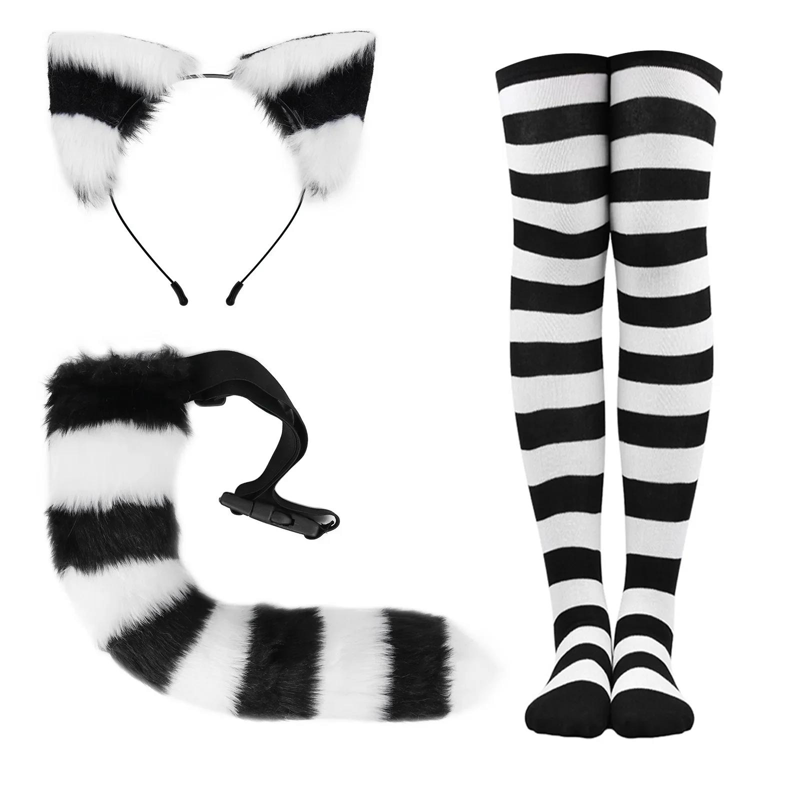 Striped Furry Cat Ear Headband and Tail Stockings Set Knee Socks Cosplay Halloween Party Props Maid Costume Lolita Fancy Dress