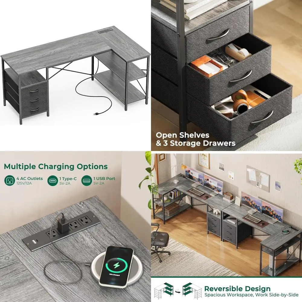 

Large L-Shaped Office Desk with Power Outlets, 55 Gaming and Work Desk with 3 Drawers and Shelves, Versatile for Corner Spaces