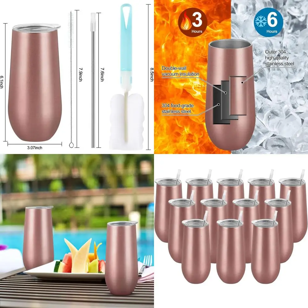 

Set of 12 Rose Gold 12oz Stemless Insulated Stainless Steel Champagne Flutes for Celebrations & Events