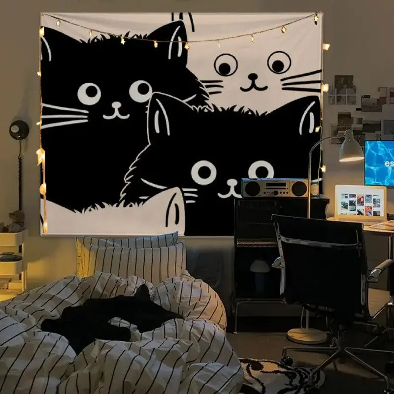 VIKAMA Cute Cat Tapestry, Black-and-White Cartoon Kitten Wall Hanging, Instagram-Style Polyester Backdrop, Home Decor