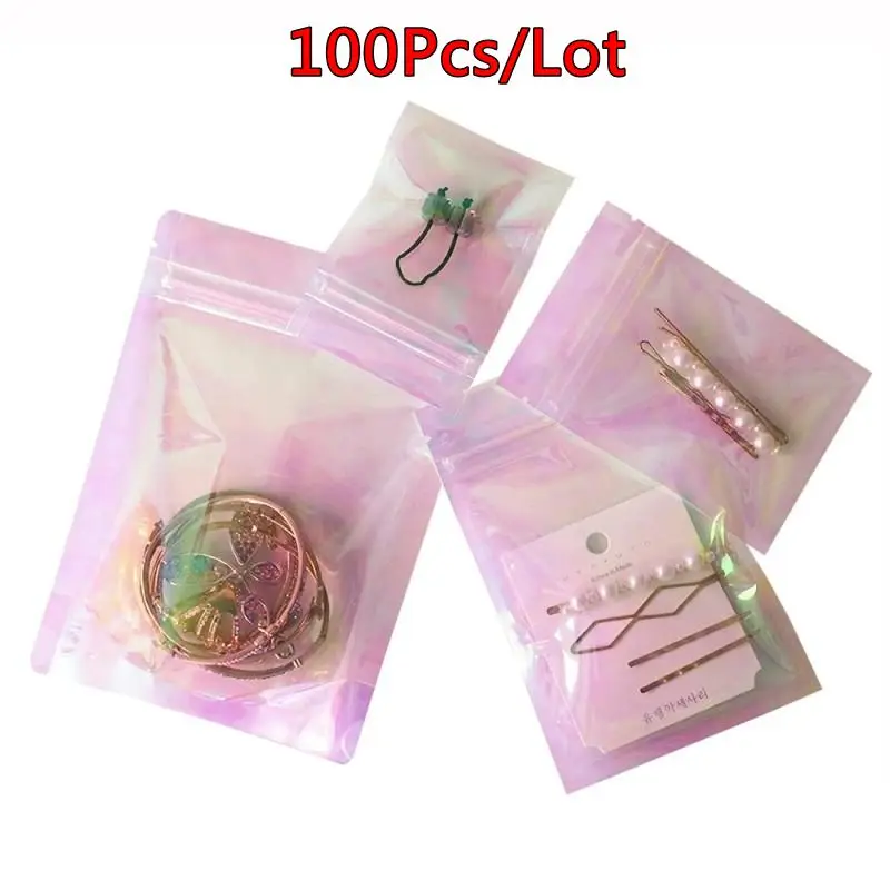 100Pcs/Lot Small Laser Plastic Storage Bags Transparent Pink Stand Up Holographic Ziplock Bag Flat Pouches For Cosmetic Jewelry