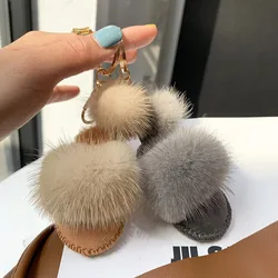 Luxury Fluffy Real Mink Fur Slippers Ball Pom Poms Fur High Quality Keychain Car Key Chain Metal Ring Pendant For Women