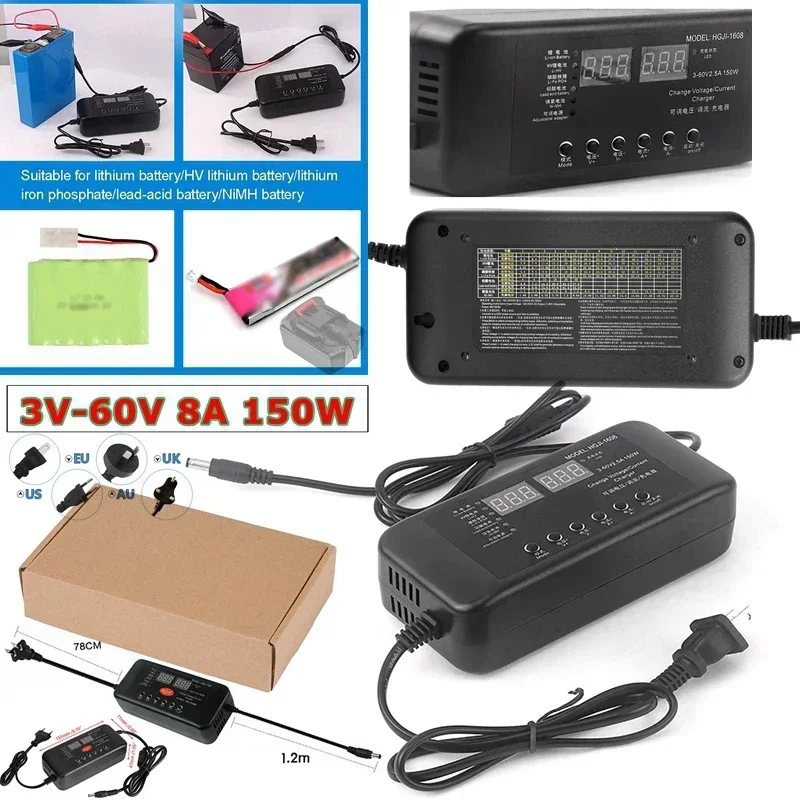 

ładowarkę 8A 150W 3V-60V z ekranem wyświetlacza Regulowana ładowarka 2,8V 14V 28V 36V 48V 56V 60V Ładowarka do akumulatorów litowo-jonowych