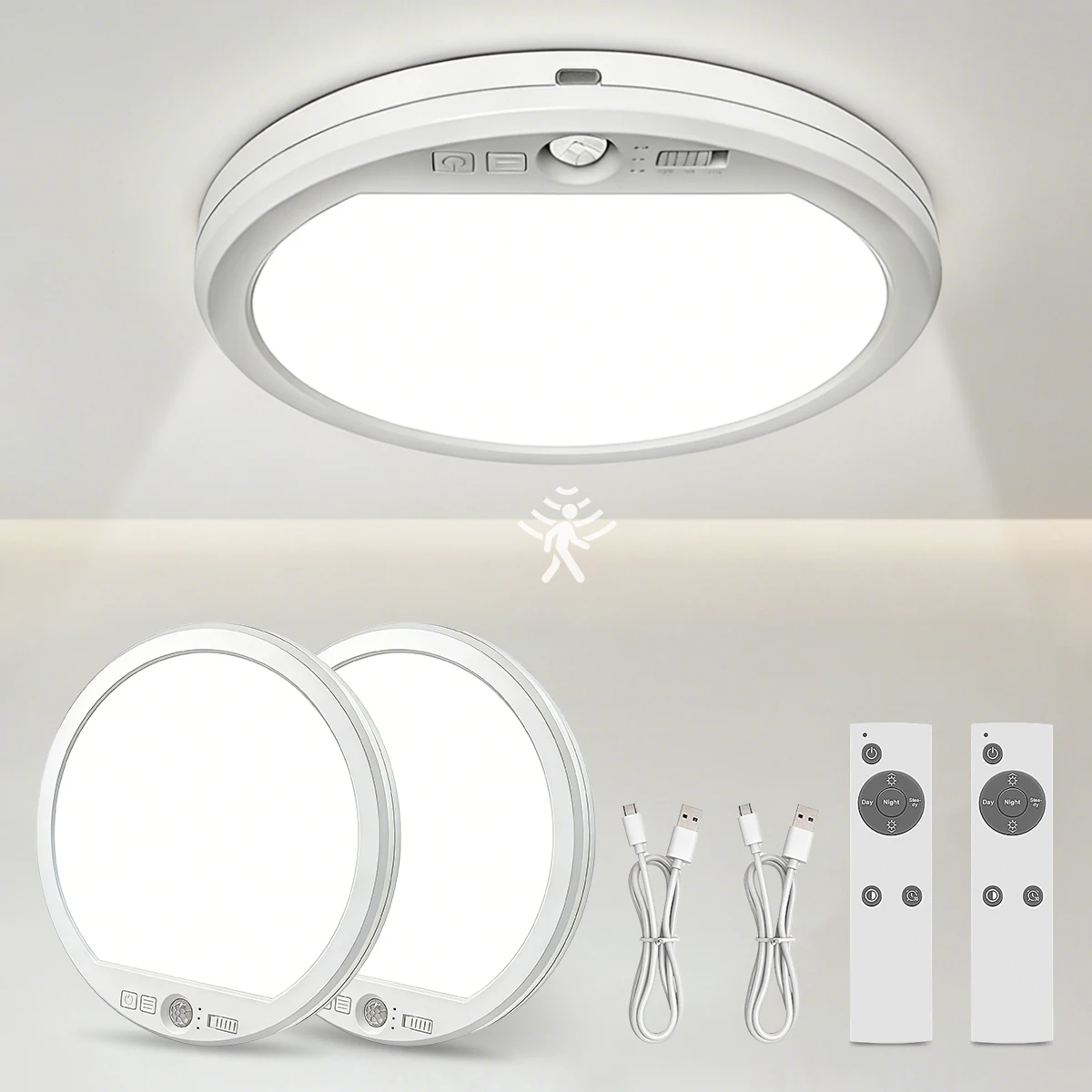 2 stuks LED bewegingsmelder plafondlamp met afstandsbediening, USB oplaadbare dimbare magnetische wandlamp voor slaapkamer, nachtkastje, studeerkamer