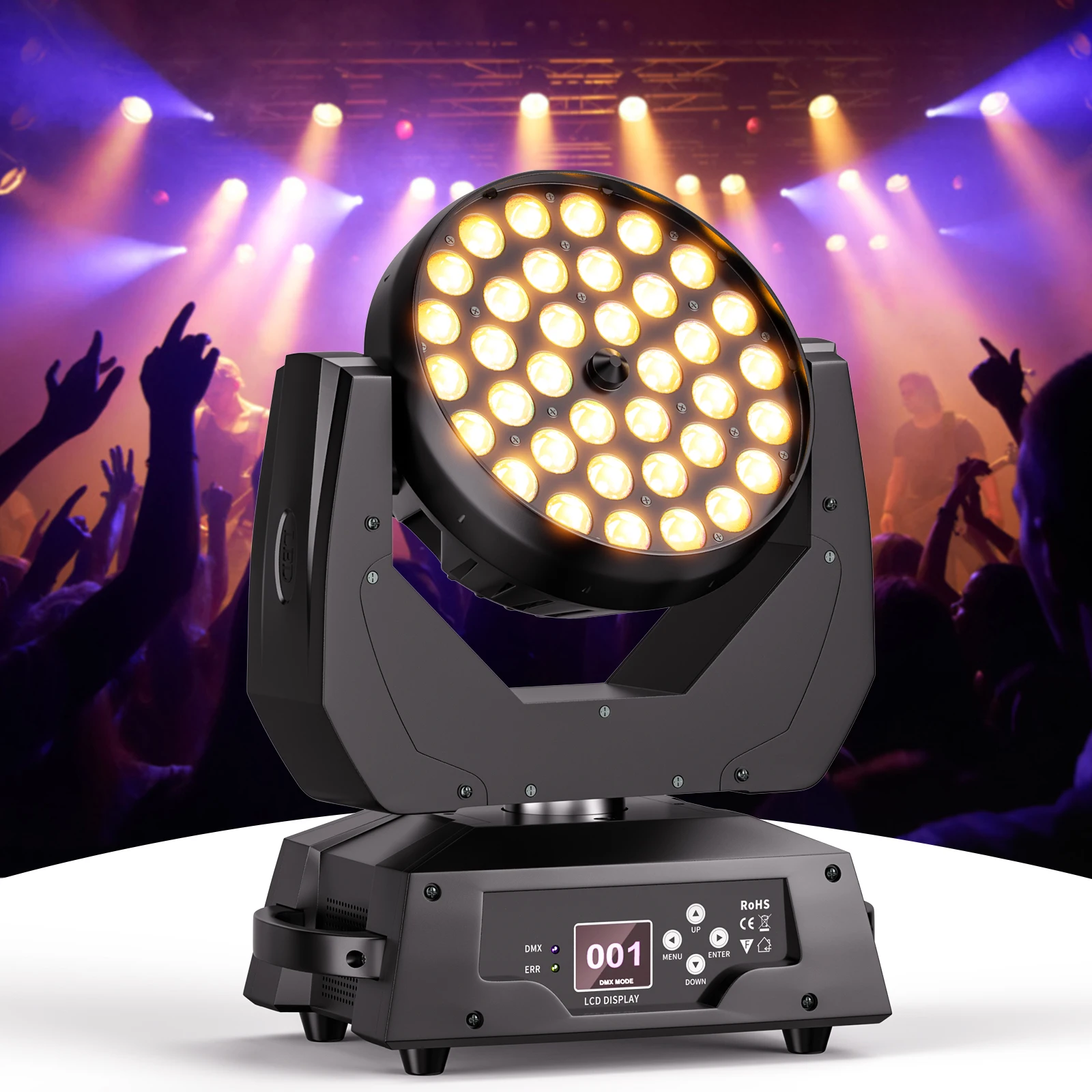 Fieryzeal 36x18W LED Moving Head Light RGBW 6in1 Zoom Wash Stage Light For DJ Disco Bar Wedding Party DMX512 Beam Effect Light