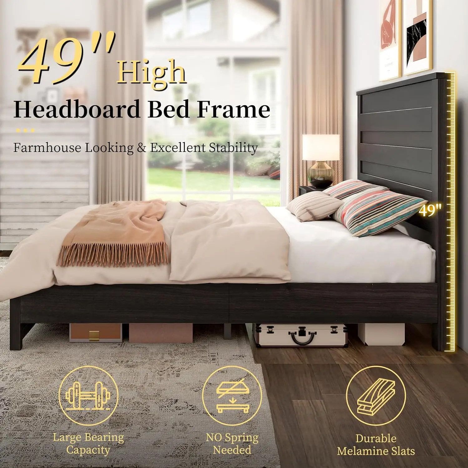 Plataforma de madeira Bed Frame com Metal Escondido, 49 "Cabeceira alta, nenhuma mola de caixa necessária, sem ruído