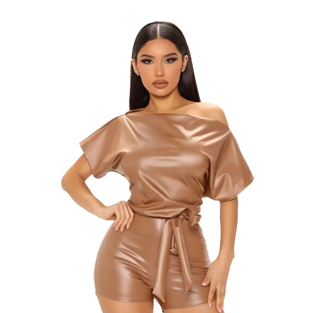 

Women's Off Shoulder Jumpsuit with Belt PU Leather Slim Fit Summer Fashion Short Sleeve New Streetwear