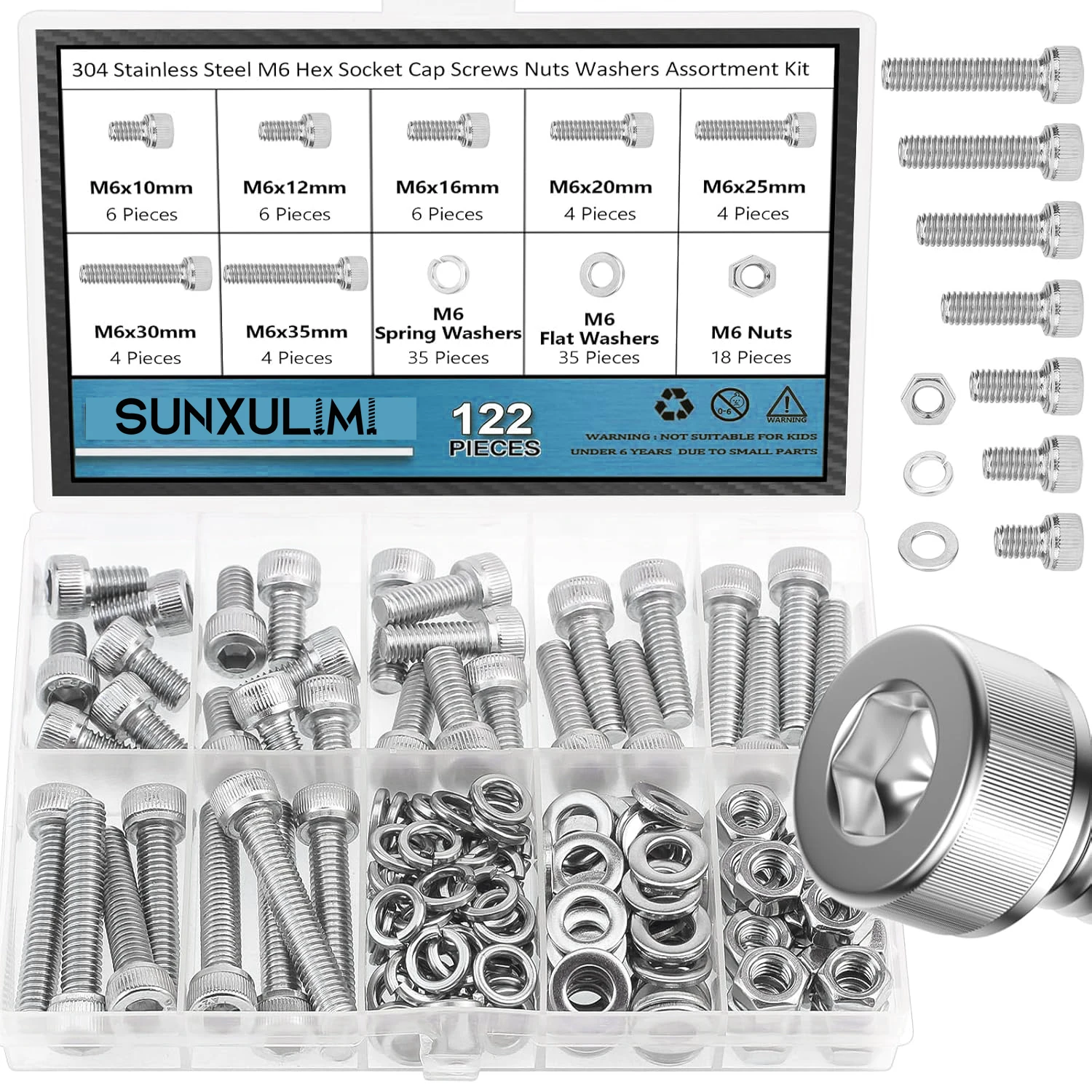

122 pieces of M6 x 10/12/16/20/25/30/35 mm hexagonal socket cap screws, nuts and washers kit, 304 stainless steel, full machine