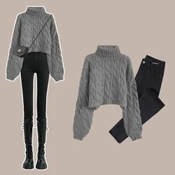 Women's 2024 Spring Autumn New Fashion High Neck Knitted Sweater Matching Set Korean Elegant Pullover Jeans Two Piece Suit