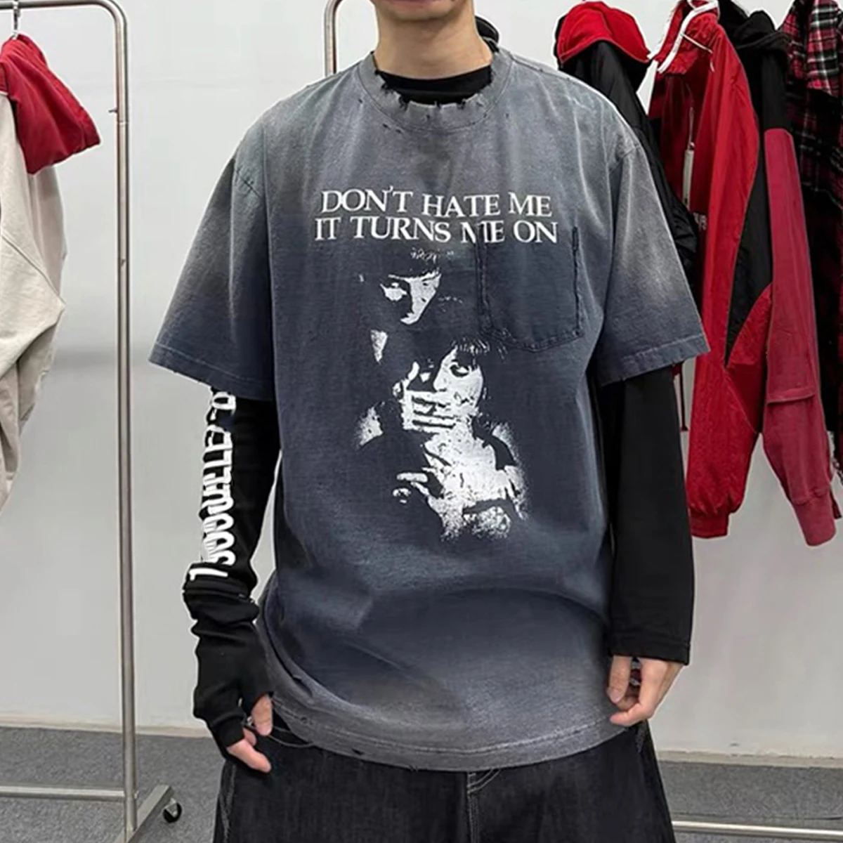 

NIGO Men's Spring/summer Gradient Color Washed And Aged Destroyed Vintage Printed Short Sleeve T-shirt #NGTOP12156