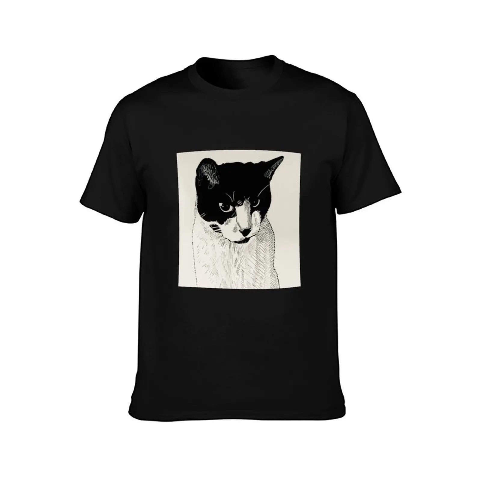Tengu the pet cat is cute and cuddly artwork (black/white) T-Shirt Basic Solid Color Short Sleeve Cotton Top T-Shirt