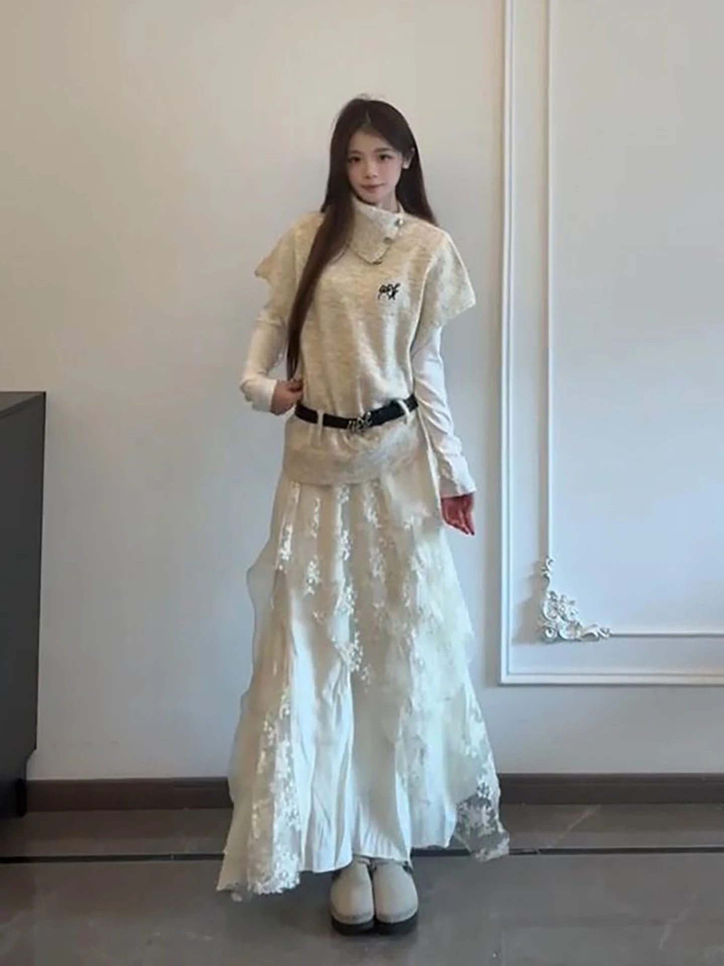 

Elegant High Neck Knitted Vest Sweater Base Layer Top Lace Long Dress Three Piece Set Women's Fashion Spring Autumn Casual Wear