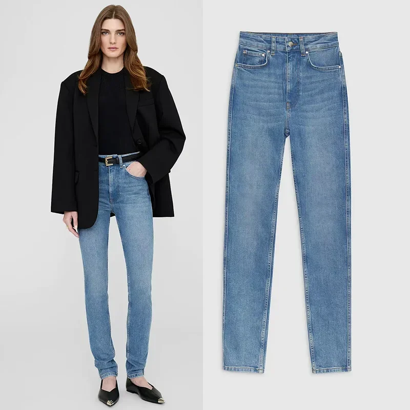 2025 Early Spring New North American Niche Mid-waist Washing Water Blue Ma Liu Elastic Women's Small Foot Jeans Trousers