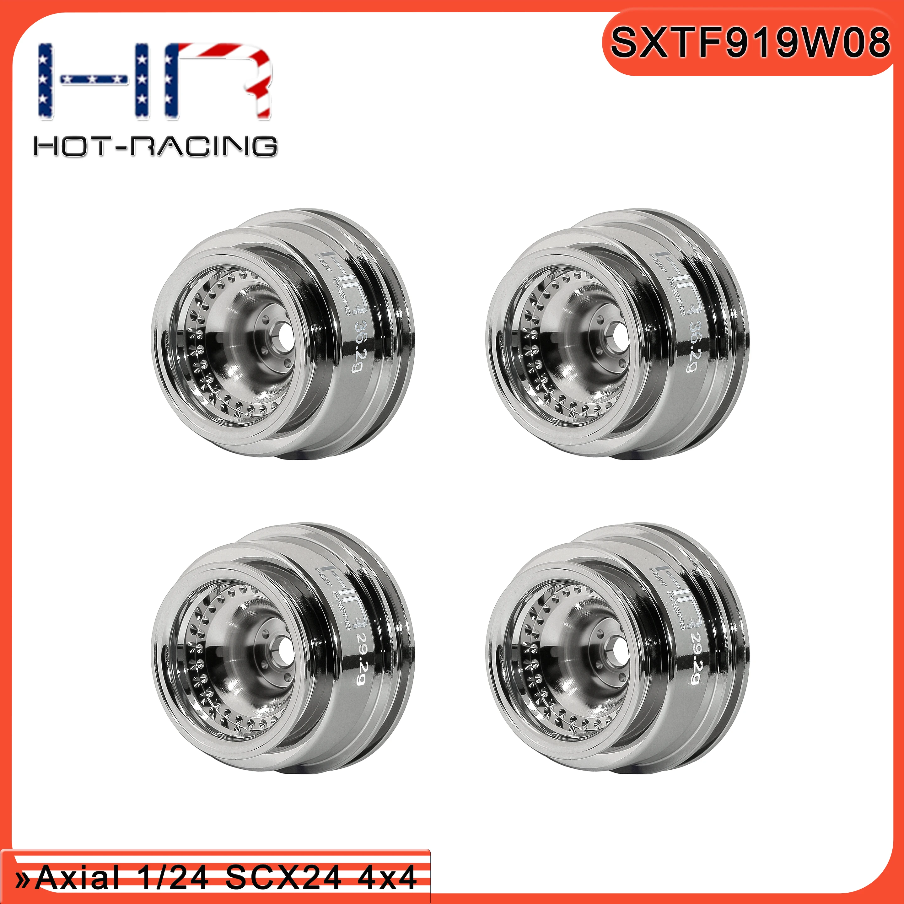 Hot Racing SXTY919W01 Chrome Brass Wheels Full Set Front 36.2g/Rear 29.2g for 1/24 Axial SCX24 with AXI-3947 Bogger Tires