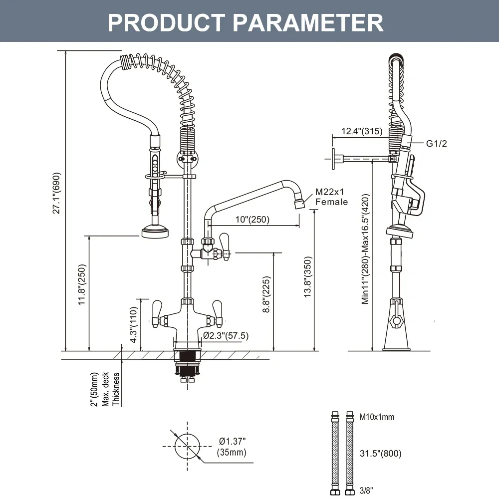 Industrial Dishwash Faucets Commercial Kitchen Faucet with Pre-rinse Sprayer High Pressure Catering Pre Rinse Faucet