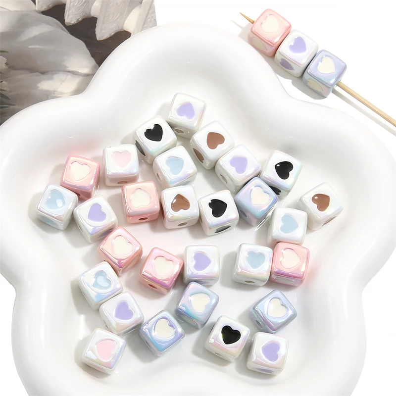 12mm Acrylic Beads 2pcs/bag Colorful Heart Printed Three-Dimensional Square Beads For Handmade DIY Making Phone Chain Findings