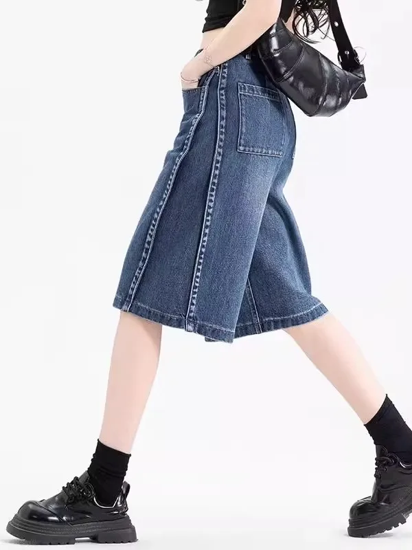 High Waist Denim Shorts Women's Summer Thin Wide Leg Five-Point Loose Fit Vintage Straight Cut Casual Zipper Style Blue Jeans